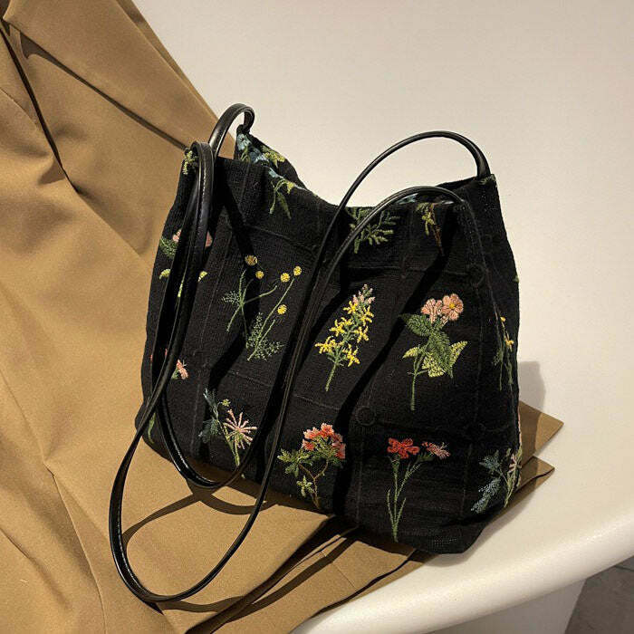 Chic Y2K Flower Embroidery Bag - Stylish Aesthetic Tote with Lace Detailing