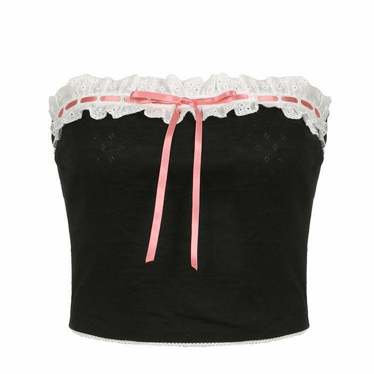 Chic Y2K French Maid Ribbon Tube Top with Bow Tie Detail - Trendy Denim Crop Top