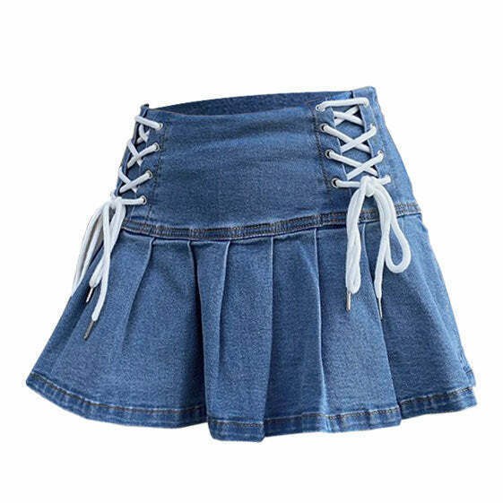 Chic Y2K Grey Denim Skirt with Drawstring, Perfect for Emo and Casual Styles