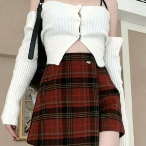 Chic Y2K Grunge Plaid Wrap Skirt with Drawstring - Trendy Grey Cargo & Bubble Styles