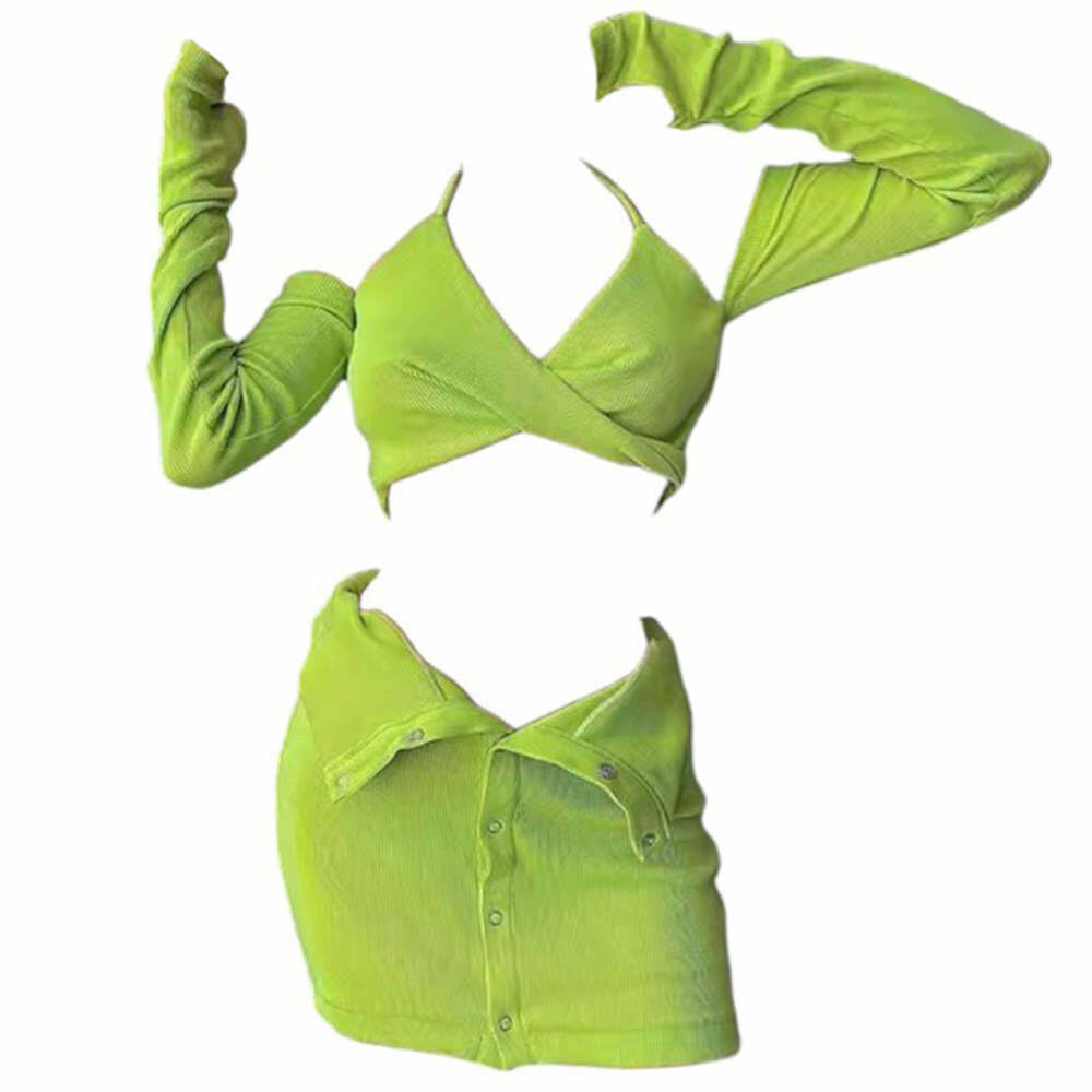 Chic Y2K Halter Top with Gloves & Skirt Set - Trendy Y2K Fashion for Stylish Outfits