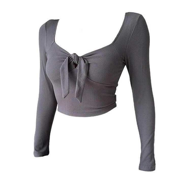 Chic Y2K Knot Tie Ribbed Long Sleeve Top - Trendy Bow Tie Crop Top for Effortless Style