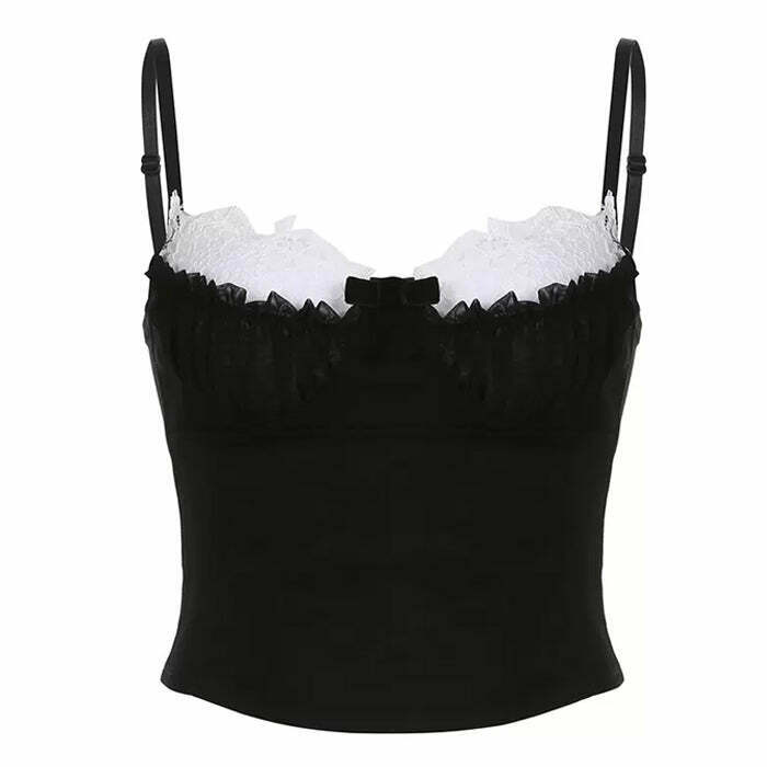 Chic Y2K Lace Ruched Bust Cami Top with Bow Tie Detail - Trendy Fairy Crop Top