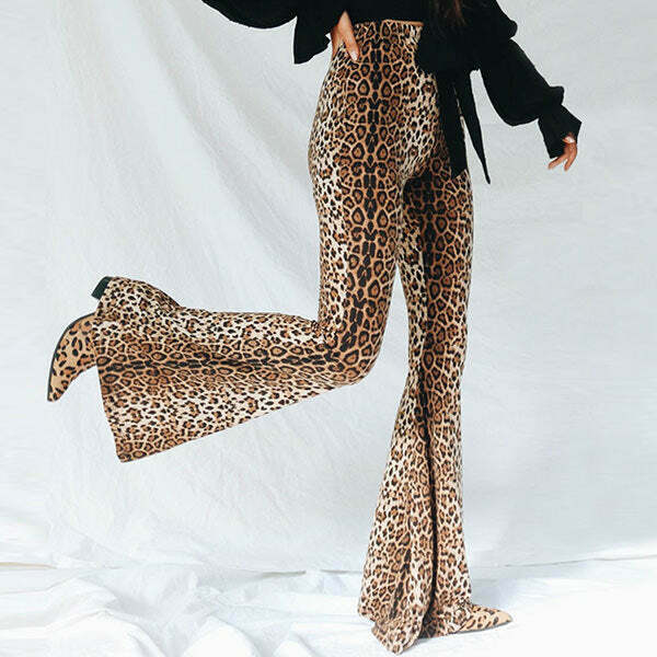 Chic Y2K Leopard Flared Trousers - Trendy Wide Leg Design for Effortless Style