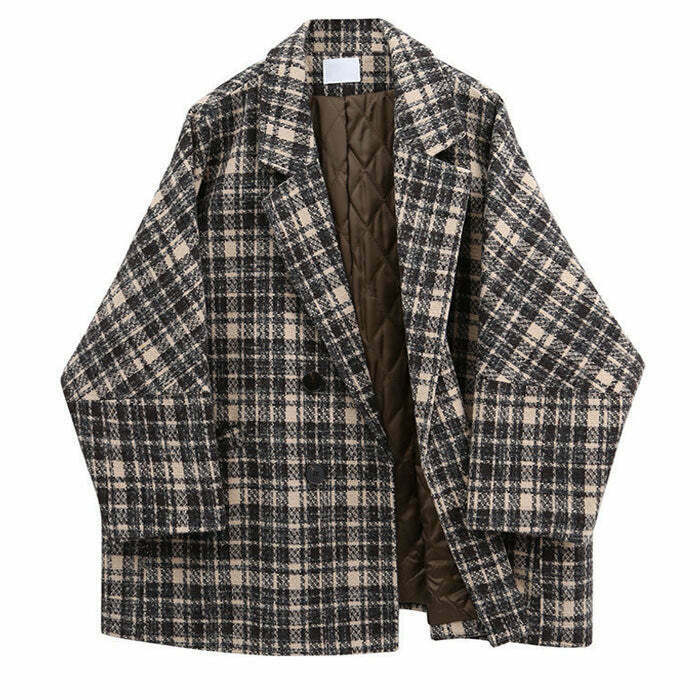 Chic Y2K Old Money Plaid Jacket - Stylish Baggy Design with Trendy Color Block Accents