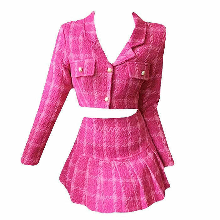 Chic Y2K Pink Tweed Jacket & Skirt Co-Ord Set - Trendy Plaid Fashion for Stylish Looks