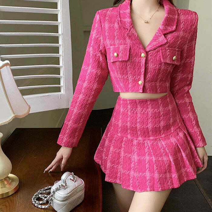 Chic Y2K Pink Tweed Jacket & Skirt Co-Ord Set - Trendy Plaid Fashion for Stylish Looks