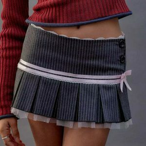 Chic Y2K Pinstripe Coquette Micro-Mini Skirt with Drawstring - Trendy Grey Cargo Style