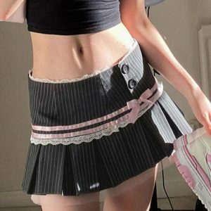 Chic Y2K Pinstripe Coquette Micro-Mini Skirt with Drawstring - Trendy Grey Cargo Style