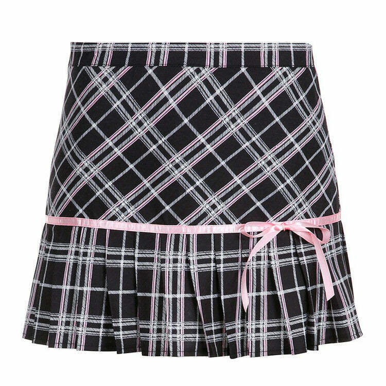 Chic Y2K Plaid Coquette Ribbon Mini Skirt - Trendy Drawstring Design in Grey and Pink