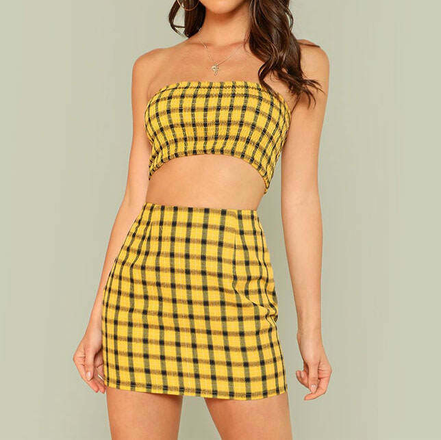 Chic Y2K Plaid Top & Skirt Set with Vintage Vibes - Trendy Plaid Fashion Ensemble