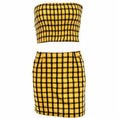 Chic Y2K Plaid Top & Skirt Set with Vintage Vibes - Trendy Plaid Fashion Ensemble