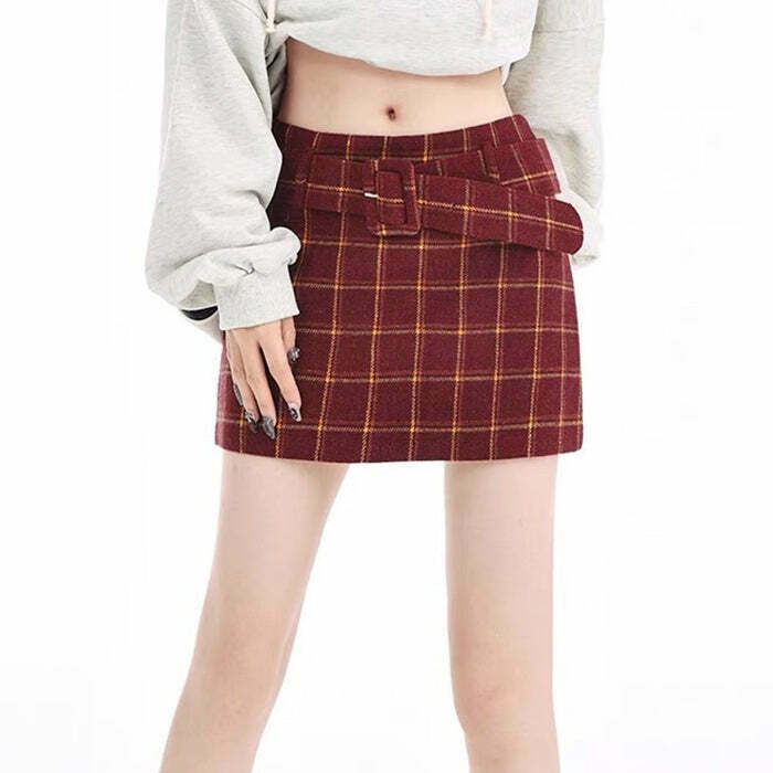 Chic Y2K Red Plaid Drawstring Skirt - Trendy Checkered Design for Effortless Style