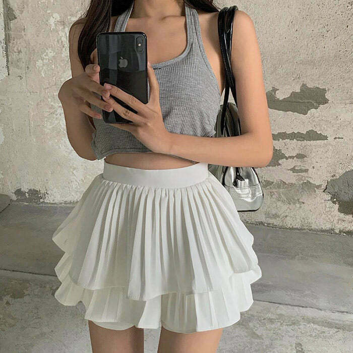 Chic Y2K Ruffle Mini Skirt in Grey - Trendy Drawstring Design with Playful Bubble Style