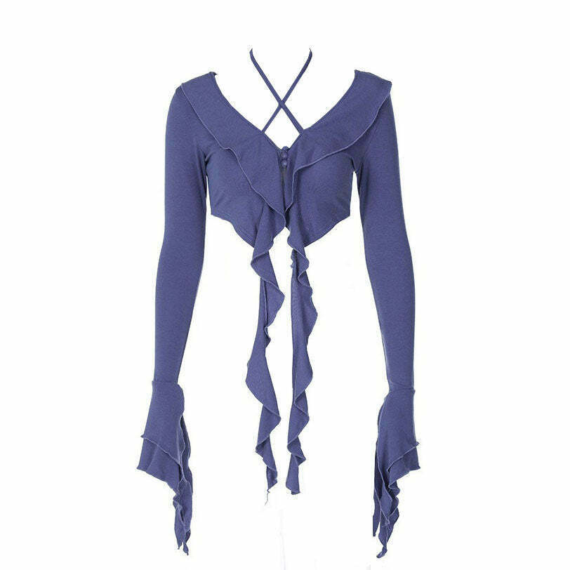 Chic Y2K Ruffle Top with Bow Tie Detail - Trendy Denim Tube Crop Top for Fairy Style