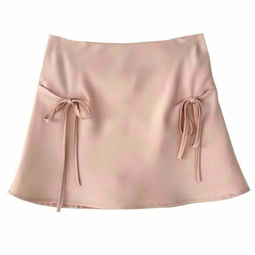 Chic Y2K Satin Mini Skirt with Bows - Trendy Drawstring Design in Stylish Grey