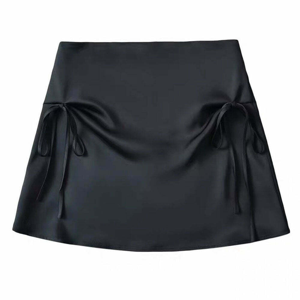 Chic Y2K Satin Mini Skirt with Bows - Trendy Drawstring Design in Stylish Grey