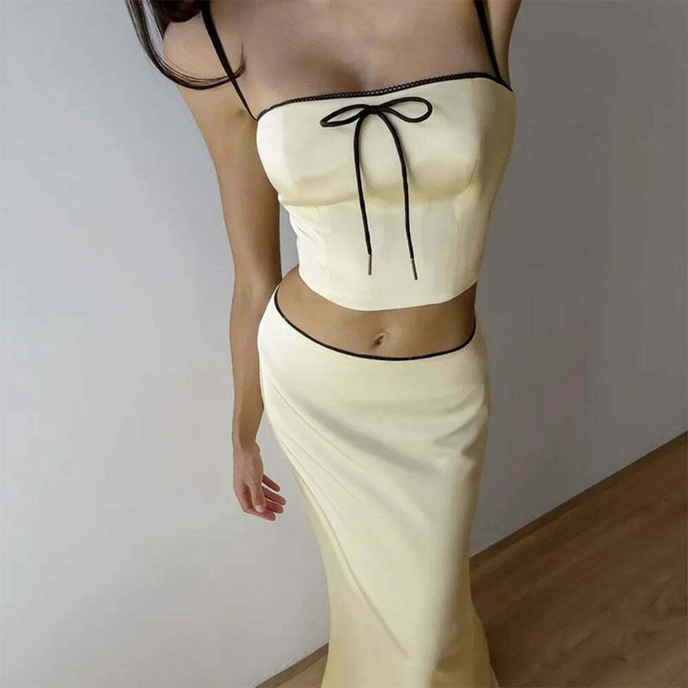 Chic Y2K Satin Top & Maxi Skirt Set with Bow Tie Detail - Trendy Summer Fashion Ensemble