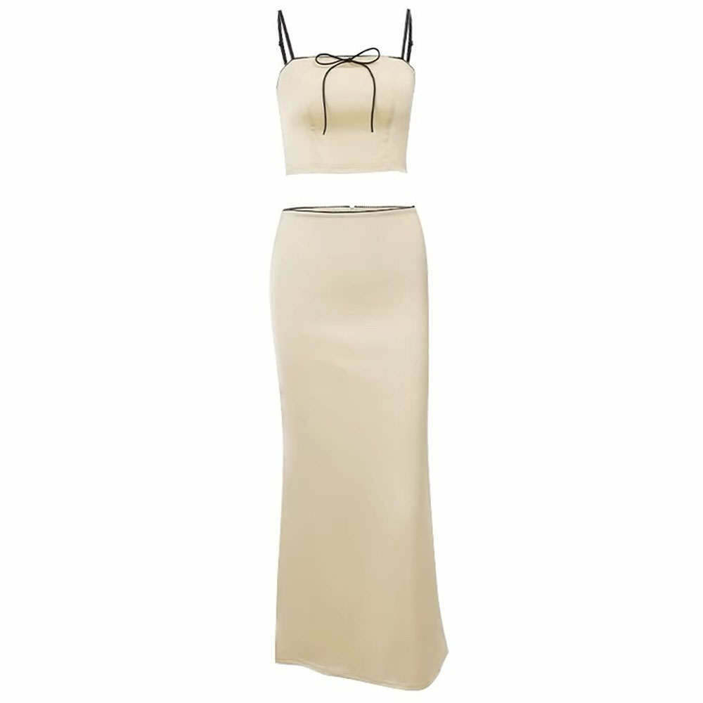 Chic Y2K Satin Top & Maxi Skirt Set with Bow Tie Detail - Trendy Summer Fashion Ensemble