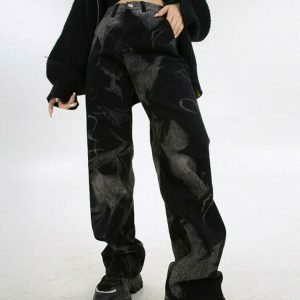 Chic Y2K Straight Leg Jeans with Elegant Gothic Style and Trendy Ripped Details