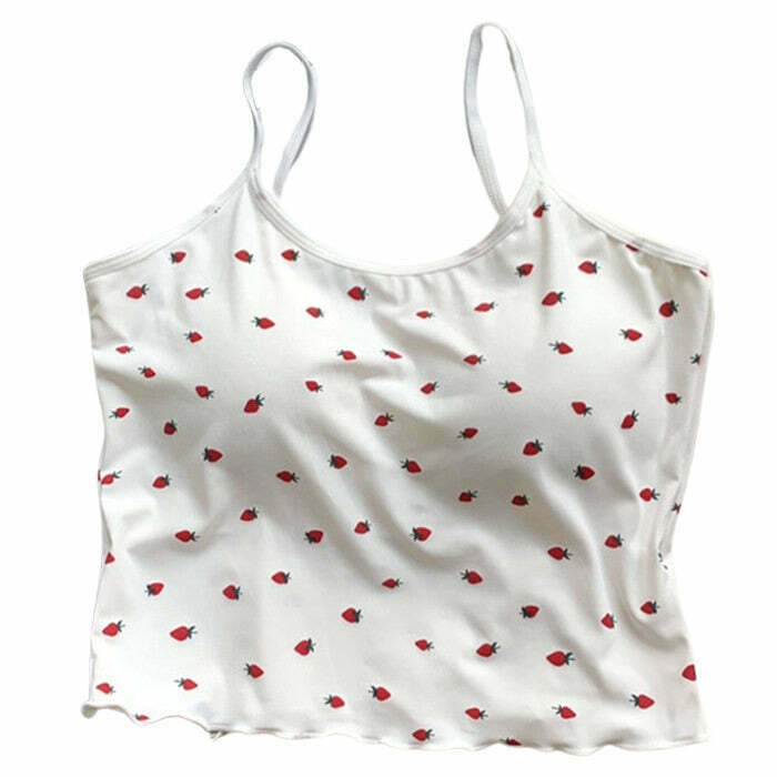 Chic Y2K Strawberry Print Tank Top with Bow Tie Detail - Trendy Crop Top for Summer Style