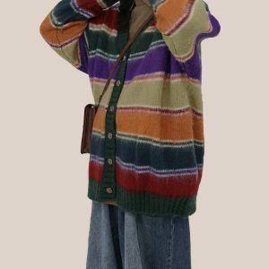 Chic Y2K Striped Cardigan - Cozy Coquette Style with Floral Accents & Zip-Up Design