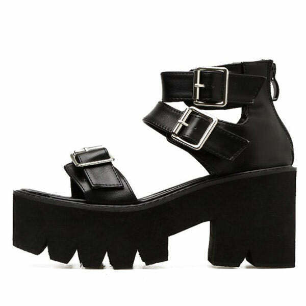 Chic Y2K Triple Buckle Platform Sandals - Black and White Star Emo Style Footwear