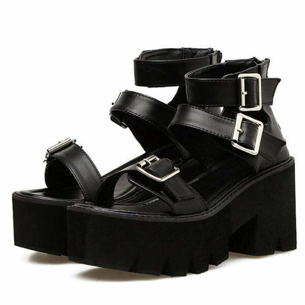 Chic Y2K Triple Buckle Platform Sandals - Black and White Star Emo Style Footwear