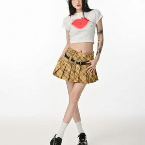 Chic Yellow Double Belt Plaid Pleated Skirt - Trendy Y2K Style with Drawstring Detail