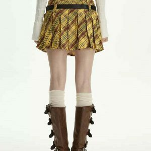 Chic Yellow Double Belt Plaid Pleated Skirt - Trendy Y2K Style with Drawstring Detail