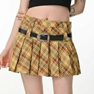 Chic Yellow Double Belt Plaid Pleated Skirt - Trendy Y2K Style with Drawstring Detail