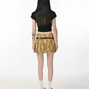 Chic Yellow Double Belt Plaid Pleated Skirt - Trendy Y2K Style with Drawstring Detail