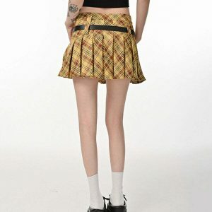 Chic Yellow Double Belt Plaid Pleated Skirt - Trendy Y2K Style with Drawstring Detail