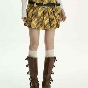 Chic Yellow Double Belt Plaid Pleated Skirt - Trendy Y2K Style with Drawstring Detail