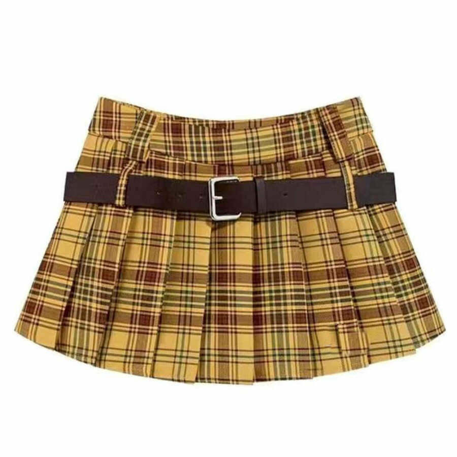 Chic Yellow Double Belt Plaid Pleated Skirt - Trendy Y2K Style with Drawstring Detail