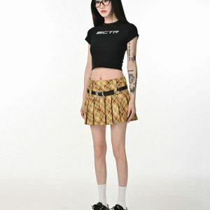 Chic Yellow Double Belt Plaid Pleated Skirt - Trendy Y2K Style with Drawstring Detail