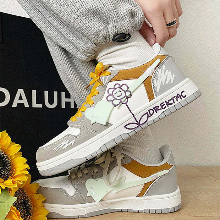 Chic Yellow & Grey Flower Sneakers with Heart Accents - Trendy Y2K Style Footwear