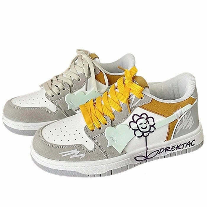 Chic Yellow & Grey Flower Sneakers with Heart Accents - Trendy Y2K Style Footwear