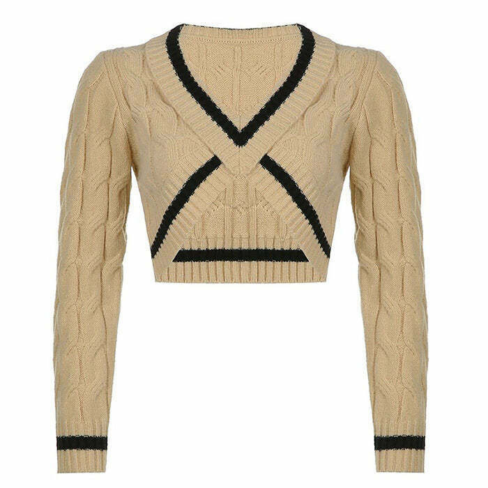 Coffee Cream Cropped Skeleton Sweater - Y2K Aesthetic Embroidery Design for Unique Style