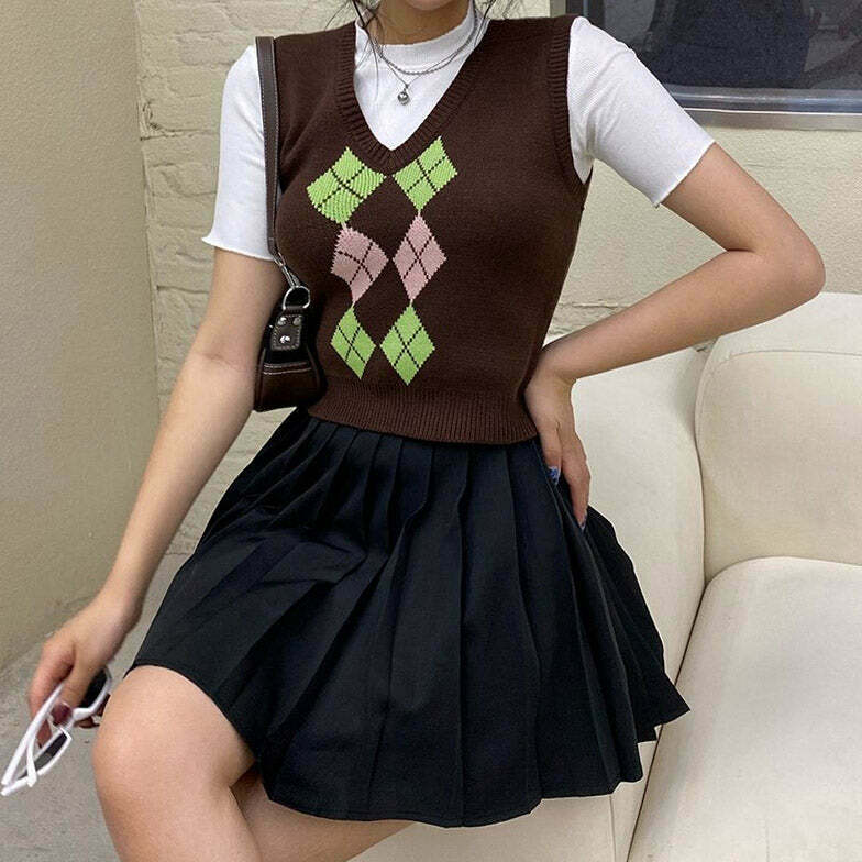 Colorful Brown Argyle Vest - Trendy Gothic Sweater Vest with Zip-Up Design for Y2K Style