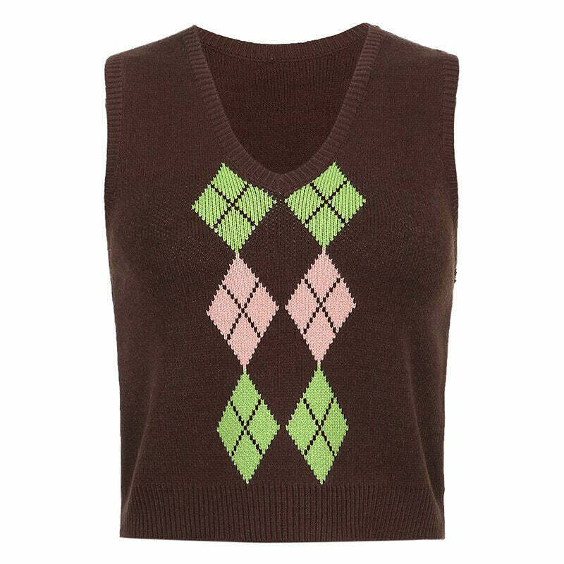 Colorful Brown Argyle Vest - Trendy Gothic Sweater Vest with Zip-Up Design for Y2K Style