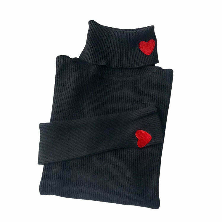 Coquette Heart Embroidery Turtleneck Jumper - Trendy Blackheart Sweater for Y2K Style