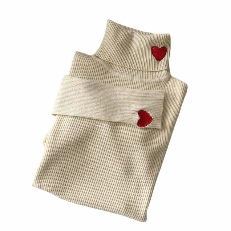 Coquette Heart Embroidery Turtleneck Jumper - Trendy Blackheart Sweater for Y2K Style