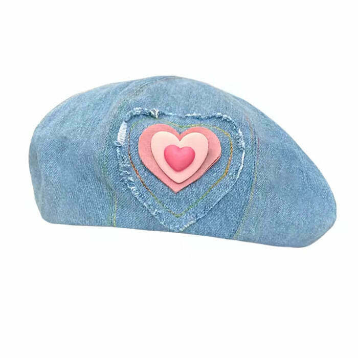 Coquette Heart Patch Denim Beret Hat - Trendy Y2K Style with Adorable Heart Design