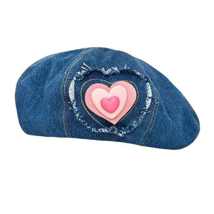 Coquette Heart Patch Denim Beret Hat - Trendy Y2K Style with Adorable Heart Design