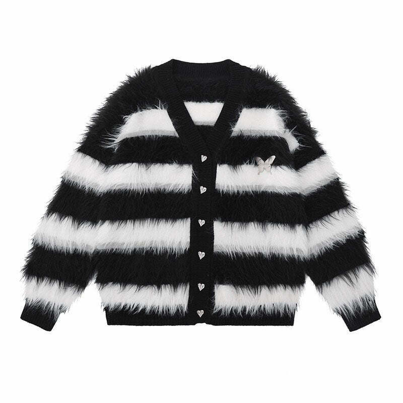 Coquette Striped Fuzzy Butterfly Cardigan - Trendy Y2K Aesthetic for Stylish Outfits