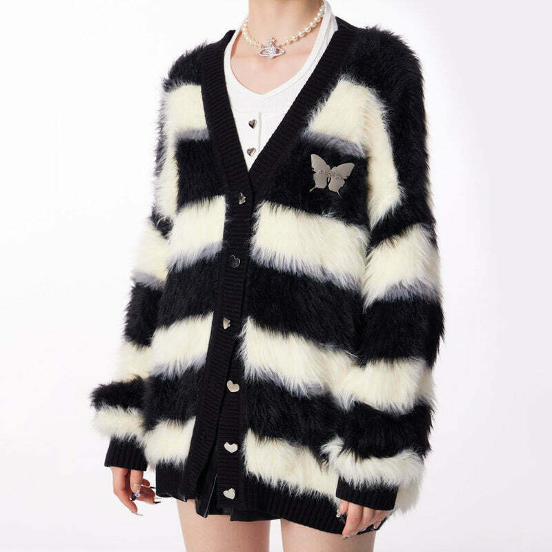 Coquette Striped Fuzzy Butterfly Cardigan - Trendy Y2K Aesthetic for Stylish Outfits