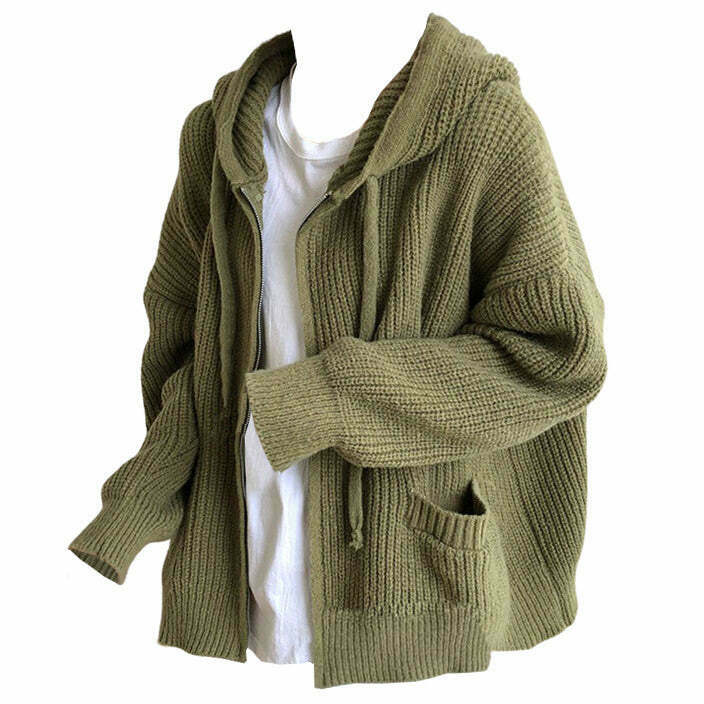 Cozy Aesthetic Hygge Knit Zip Up Hoodie in Green, Blue, White, and Brown Spider Designs