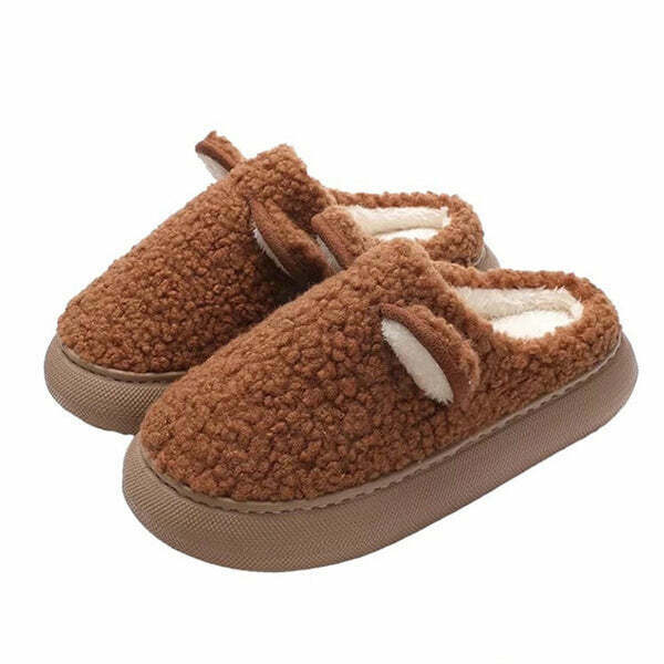 Cozy Brown Teddy Bear Slippers - Y2K Fashion Trend with Adorable Design and Comfort