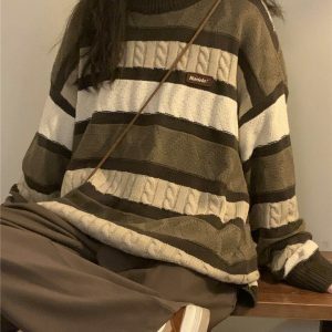 Cozy Coffee Cream Striped Oversize Sweater - Y2K Aesthetic with Unique Embroidery Design